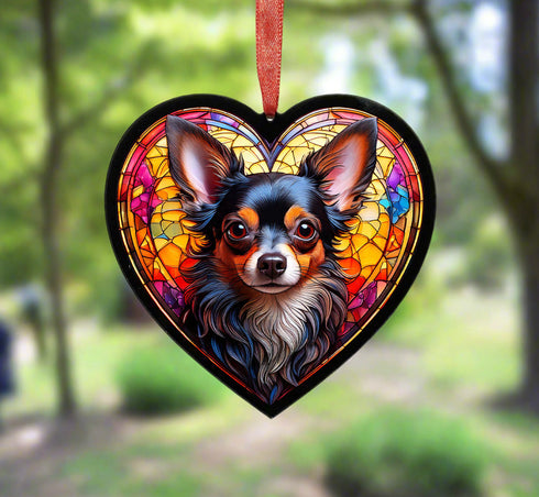 Chihuahua Black Stained Glass Effect Heart Suncatcher
